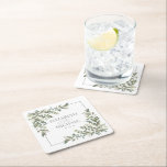 ユーカリプトゥス植物セージ結婚グリーン スクエアペーパーコースター<br><div class="desc">ユーカリユニークスの植物とセージ緑豊かな水の色のフローラデザインを特徴とするトレンディーデザイン。裏庭や庭園の結婚式に最適。一致するコレクションの一部詳細はこちら: https://www.zazzle.com/collections/eucalyptus_botanical_sage_green_script_wedding-119437527356989510 Copyright エレガント招待状, all rights reserved.</div>