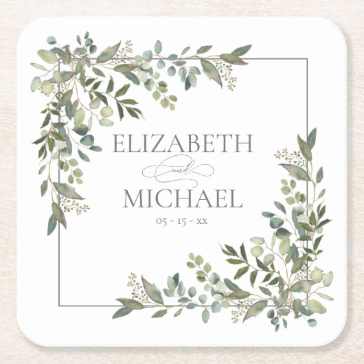 ユーカリプトゥス植物セージ結婚グリーン スクエアペーパーコースター (正面)