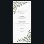 ユーカリプトゥス植物セージ結婚グリーン メニュー<br><div class="desc">このトレンディー4"x 9"のメニューデザインで完璧な披露宴設定を作成し、このユーカリ植物水エレガント色フローラデザインを搭載した。その裏庭と庭園の結婚式に最適。一致セットの一部。このデザインの他の製品や連絡デザインのバリエーションについては、https://www.zazzle.com/collections/eucalyptus_botanical_sage_green_script_wedding-119437527356989510 designerを参照して下さい。著作権エレガント招待状、すべての権利を留保。</div>