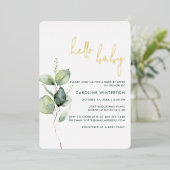 ユーカリプトゥス植物学ガールベビーシャワー金ゴールド 箔招待状 (立ち正面)