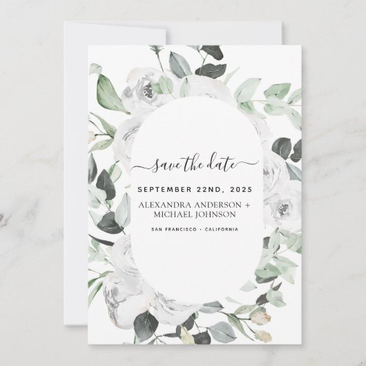 ユーカリプトゥス白フローラ日付緑を保存 招待状 (正面)