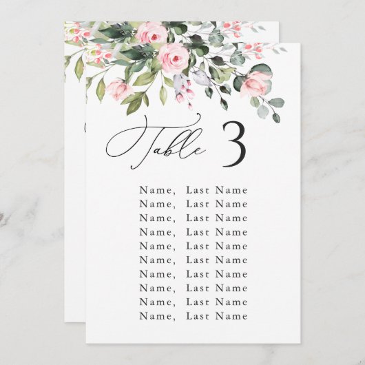 ユーカリプトゥス結婚ピンクローズのシーティングチャートカード 招待状 (正面/裏面)
