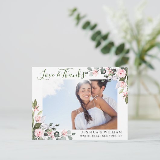 ユーカリプトゥス結婚ピンクローズの写真 ポストカード (スタンド正面)