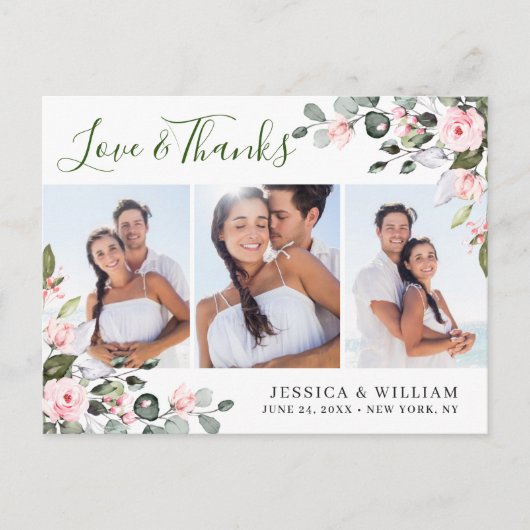 ユーカリプトゥス結婚ピンクローズの3写真ありがとう ポストカード (正面)