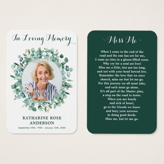 ユーカリプトゥス緑の写真葬式祈りの言葉カード (正面&裏面)
