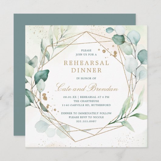 ユーカリプトゥス緑の幾何リハーサルディナー 招待状 (正面/裏面)