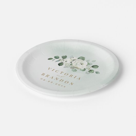 ユーカリプトゥス緑の白フローラ素朴結婚性 ペーパープレート (アングル)