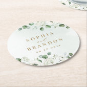ユーカリプトゥス緑の白フローラ素朴結婚性 ラウンドペーパーコースター (アングル)