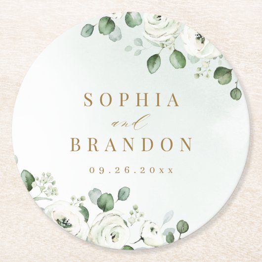 ユーカリプトゥス緑の白フローラ素朴結婚性 ラウンドペーパーコースター (正面)