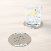 ユーカリプトゥス緑の白フローラ素朴結婚性 ラウンドペーパーコースター (インサイチュ)