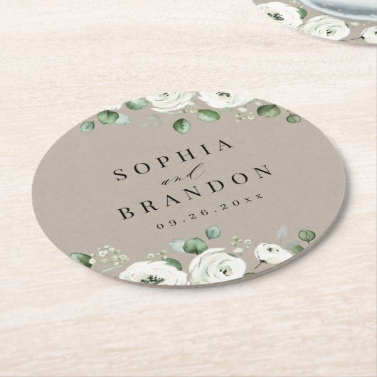 ユーカリプトゥス緑の白フローラ素朴結婚性 ラウンドペーパーコースター (アングル)
