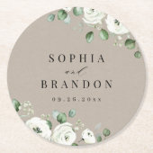 ユーカリプトゥス緑の白フローラ素朴結婚性 ラウンドペーパーコースター (正面)