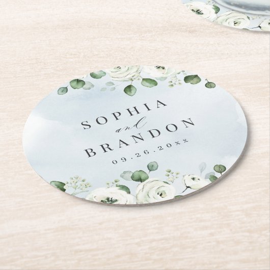 ユーカリプトゥス緑の白フローラ素朴結婚性 ラウンドペーパーコースター (アングル)