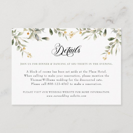 ユーカリプトゥス緑結婚と金ゴールド詳細 エンクロージャーカード (正面)