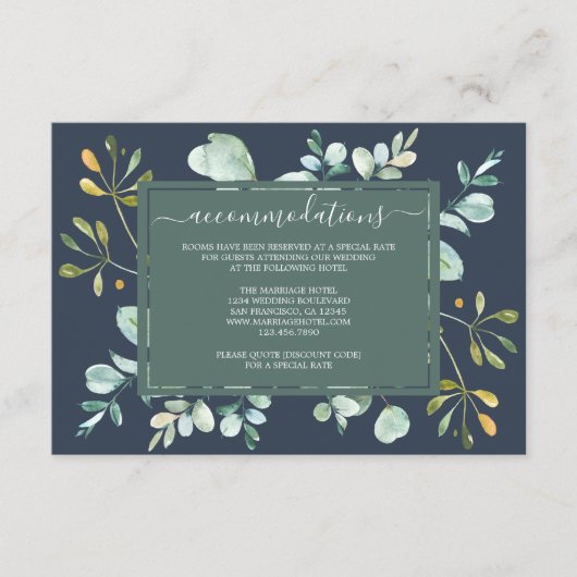 ユーカリプトゥス葉ネイビーブルー結婚ボタニズ エンクロージャーカード (正面)