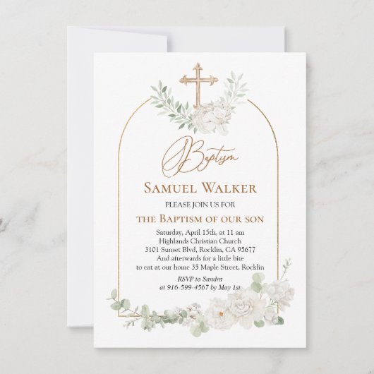 ユーカリプトゥス葉フローラエンジェルクロスバプテスマ 招待状 (正面)
