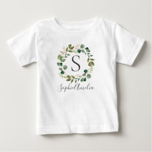 ユーカリプトゥス葉リースパーソナライズされたベビー名 ベビーTシャツ