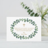 ユーカリプトゥス葉リース金ゴールドクロスボーイバプテスマ サンキューカード (スタンド正面)