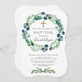 ユーカリプトゥス葉リース金ゴールドクロスボーイバプテスマ 招待状 (正面/裏面)