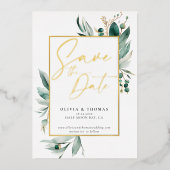 ユーカリプトゥス金ゴールドロマ結婚ンス救の日付 箔招待状 (正面)