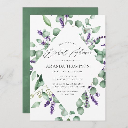 ユーカリプトララベンダーグリーンリーブライダルシャワー 招待状 (正面/裏面)