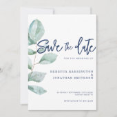 ユーカリミニマルプトゥス海軍ブルーウェディング日付を保存 招待状 (正面)