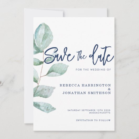 ユーカリミニマルプトゥス海軍ブルーウェディング日付を保存 招待状 (正面)