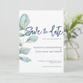 ユーカリミニマルプトゥス海軍ブルーウェディング日付を保存 招待状 (スタンド正面)