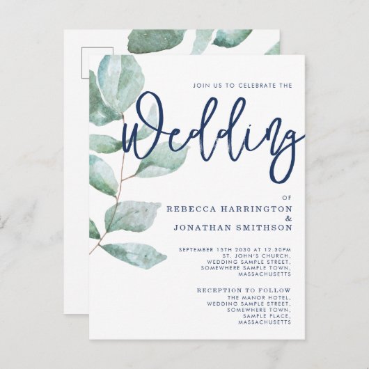 ユーカリミニマルモダンプトゥスグリーンネイビーブルー結婚ズ ポストカード (正面/裏面)
