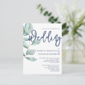 ユーカリミニマルモダンプトゥスグリーンネイビーブルー結婚ズ ポストカード (スタンド正面)