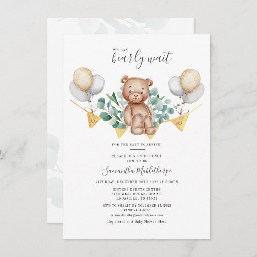 ユーカリモダンの緑の離れが赤ちゃんシャワーを浴びる 招待状 (正面/裏面)