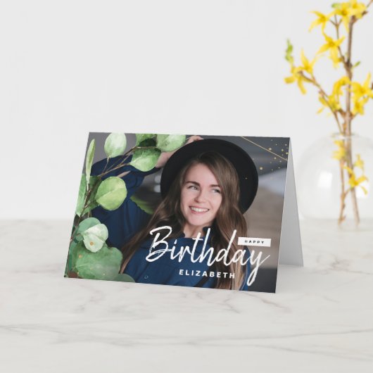 ユーカリモダンエレガントス誕生日の挨拶写真 カード (黄色い花)