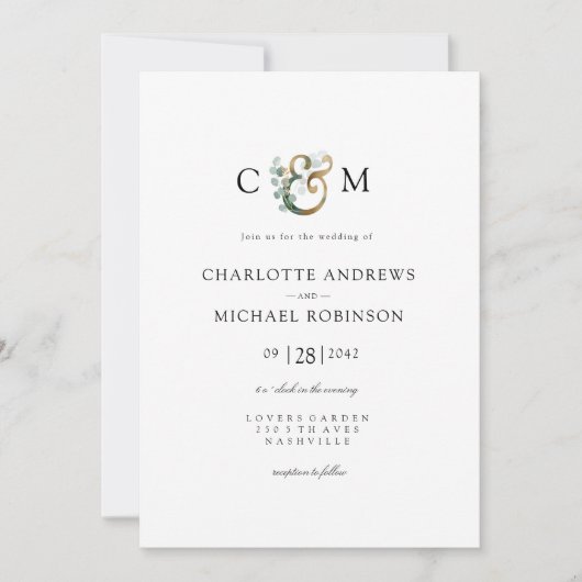 ユーカリモダンエレガント・アンパサンド結婚の 招待状 (正面)