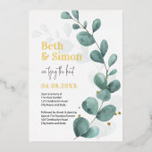 ユーカリモダンカリの水の色の結婚金ゴールド 箔招待状 (正面)