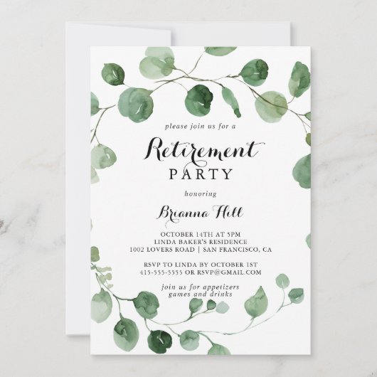 ユーカリモダンカリグラフィー退職パーティー 招待状 (正面)