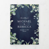 ユーカリモダンカリQRコードネイビーブルー結婚ズ 三つ折り招待状 (カバー)