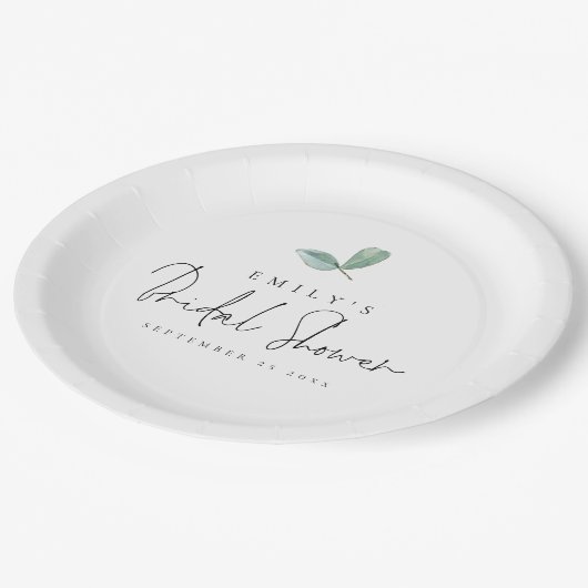 ユーカリモダンスクリプト名日付ブライダルシャワー ペーパープレート (アングル)