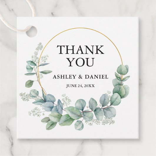 ユーカリモダンプエレガント金ゴールド結婚の感謝 フェイバータグ (正面)