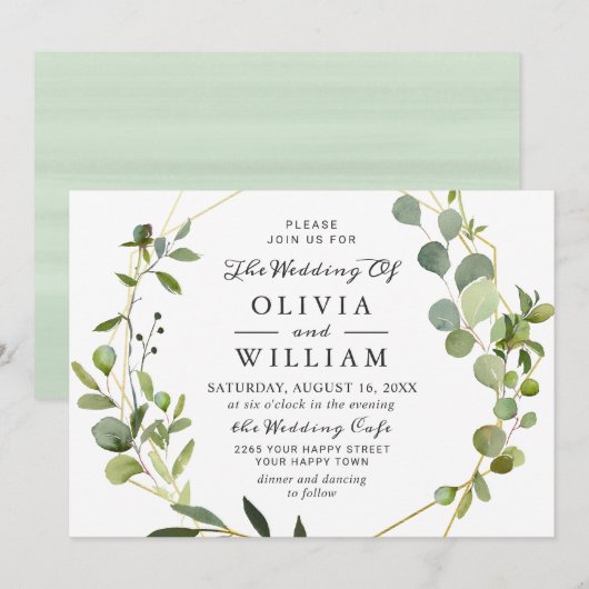 ユーカリモダンプス葉幾何学枠結婚の 招待状 (正面/裏面)