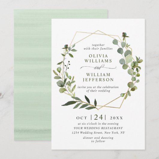 ユーカリモダンプス葉幾何学枠結婚の 招待状 (正面/裏面)