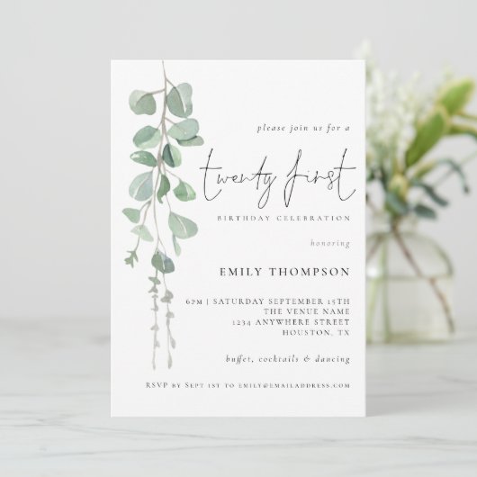 ユーカリモダンプタススクリプト21歳の誕生日パーティー 招待状 (スタンド正面)