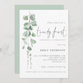 ユーカリモダンプタススクリプト21歳の誕生日パーティー 招待状 (正面/裏面)