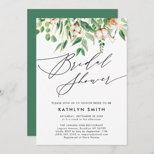 ユーカリモダンプタスボタニカルグリーンブライダルシャワー 招待状 (正面/裏面)