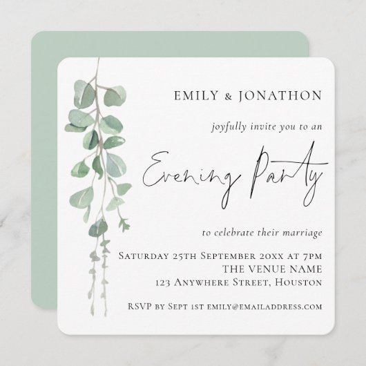 ユーカリモダンプタス結婚スクリプトの夕べパーティー 招待状 (正面/裏面)