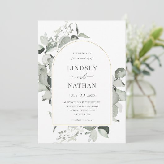 ユーカリモダンプタス金ゴールドアーチ結婚式招待状 招待状 (スタンド正面)