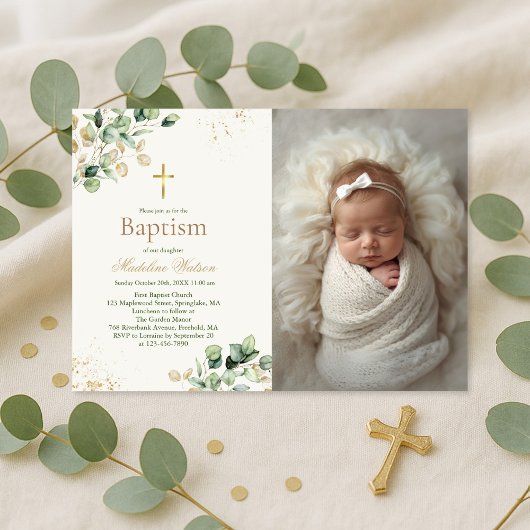 ユーカリモダンプトゥスの緑の十字写真バプテスマ 招待状