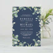 ユーカリモダンプトゥス写真QRコードネイビーブルー結婚ズ 招待状 (スタンド正面)