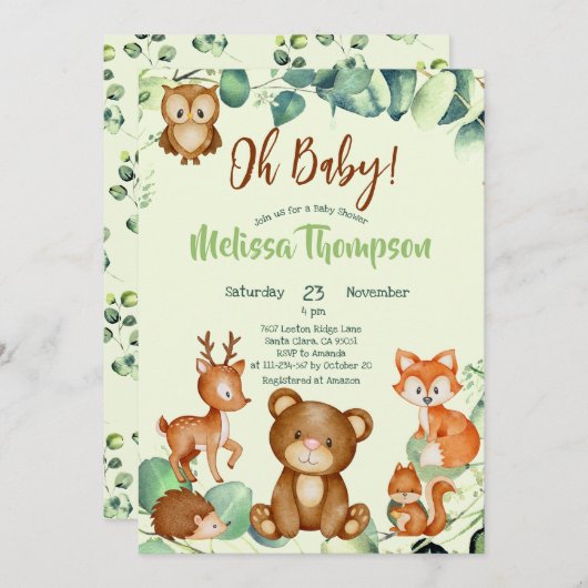 ユーカリモダンプトゥス森林の動物の森の友人 招待状 (正面/裏面)