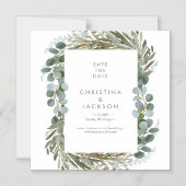 ユーカリモダンプトゥス結婚式の日付を保存 マグネット招待状 (正面)