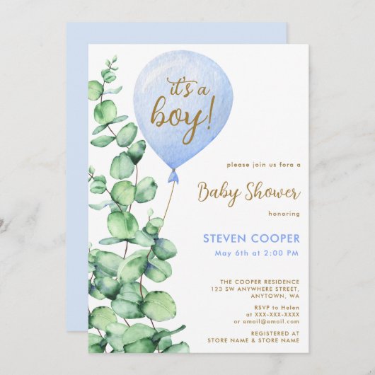 ユーカリモダンプルーンバルーンガムベイビーシャワー 招待状 (正面/裏面)